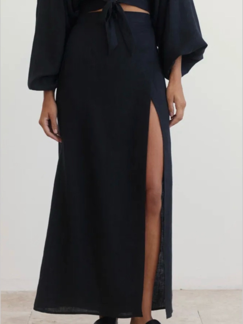 Boteh Split Linen Wrap Skirt in Black